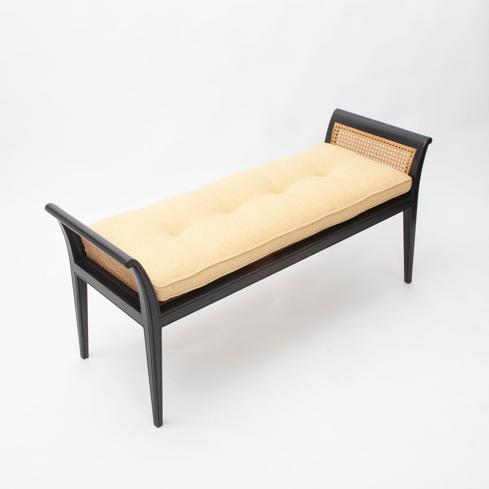Black Lacquer Wood and Cane Bench