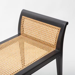 Black Lacquer Wood and Cane Bench