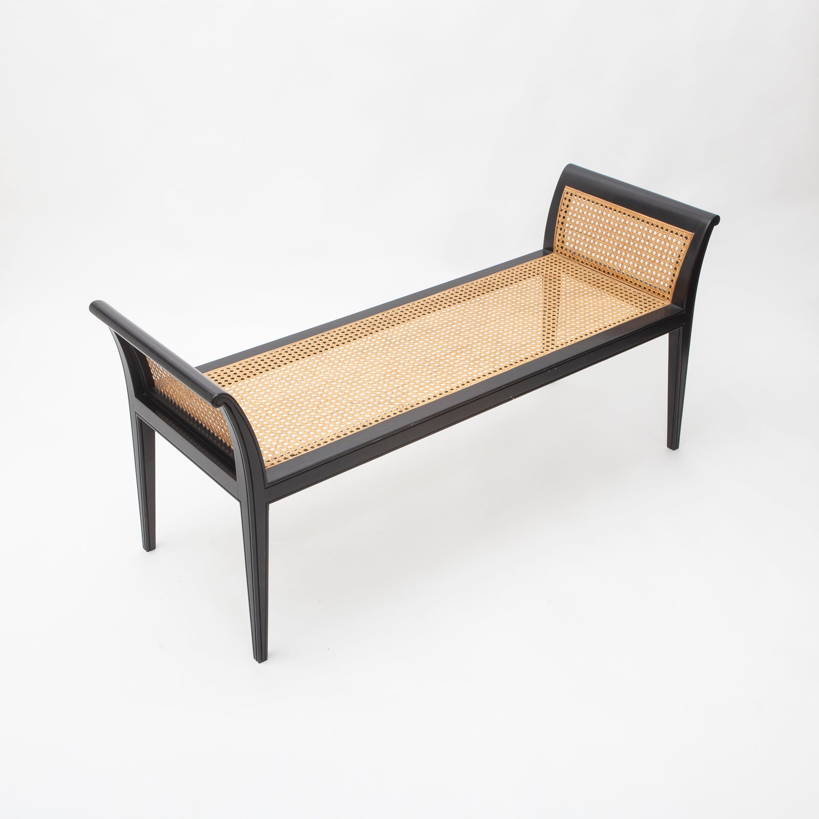 Black Lacquer Wood and Cane Bench